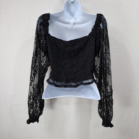 Lace Corset Top XL Mesh Lace Long Sleeve with Cups– Black Crop Whimsigoth - Picture 2 of 8